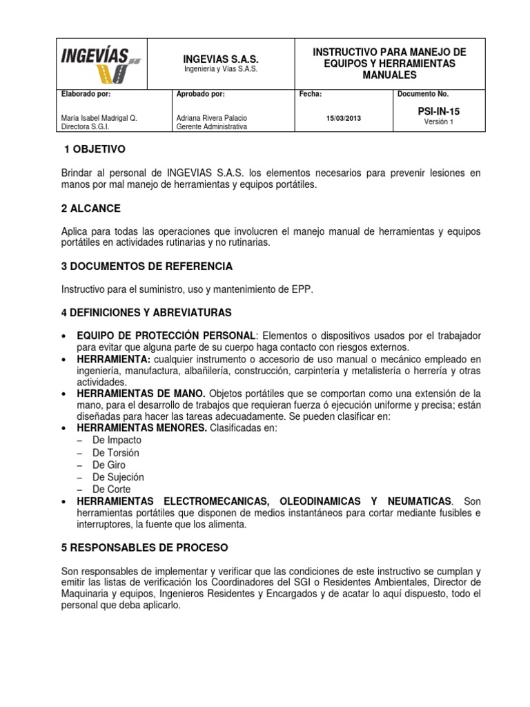 PAS-In-15 Instructivo para Manejo de Equipos y Herramientas Manuales ...