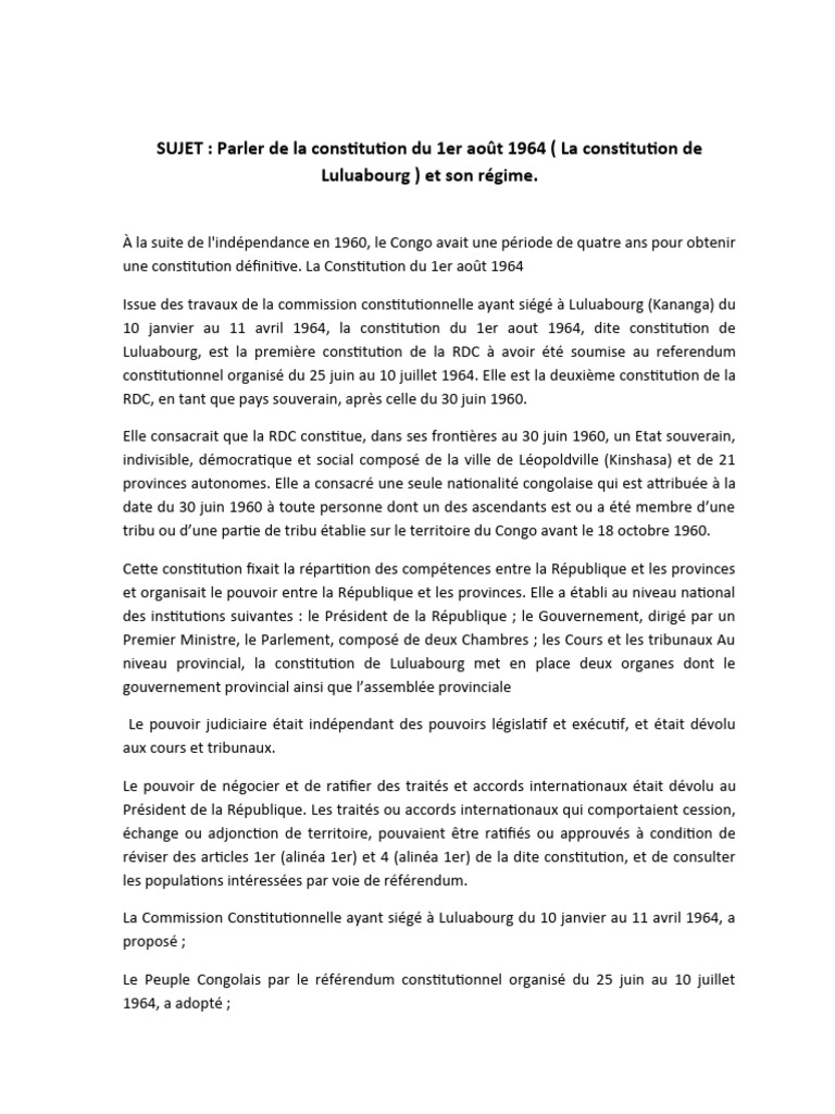 La Constitution de Luluabourg de 1964 | PDF | Constitution | République ...