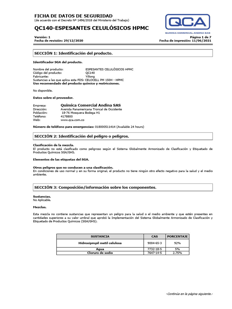 Ficha de Seguridad: Espesantes Celulósicos HPMC | PDF | Toxicidad | Agua