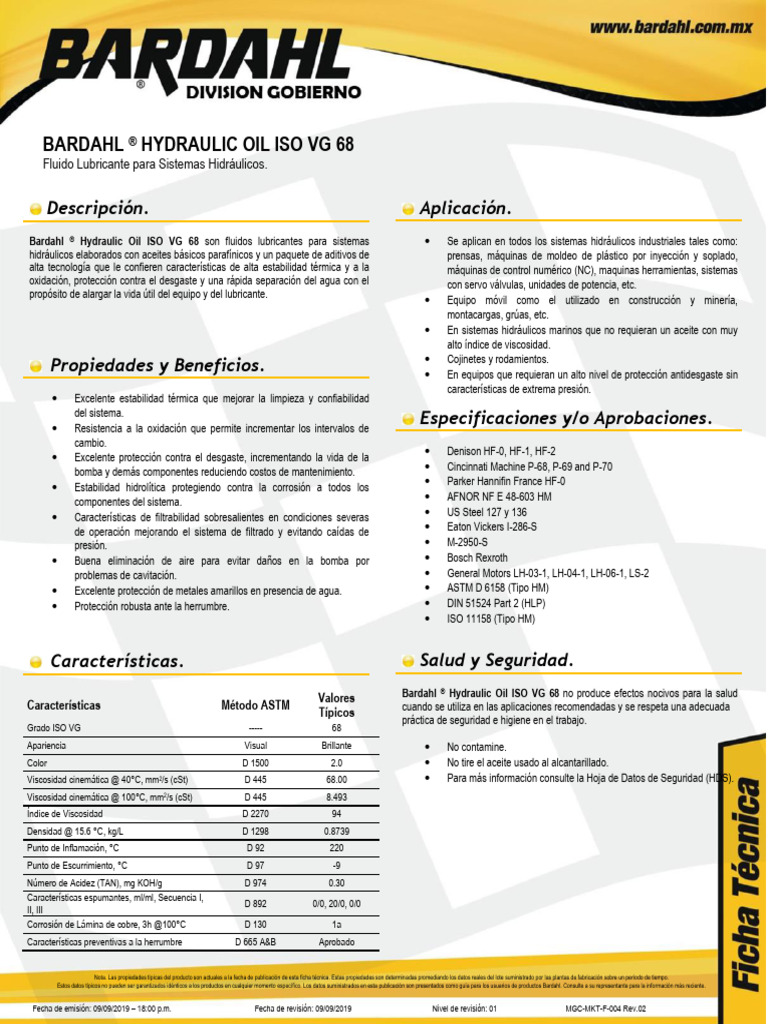 4 FT Bardahl Hydraulic Oil ISO VG 68 PDF Lubricante Rodamiento