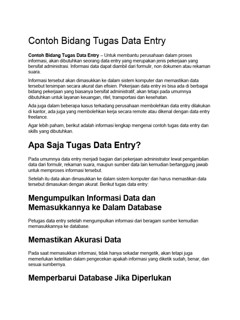 Contoh Bidang Tugas Data Entry | PDF