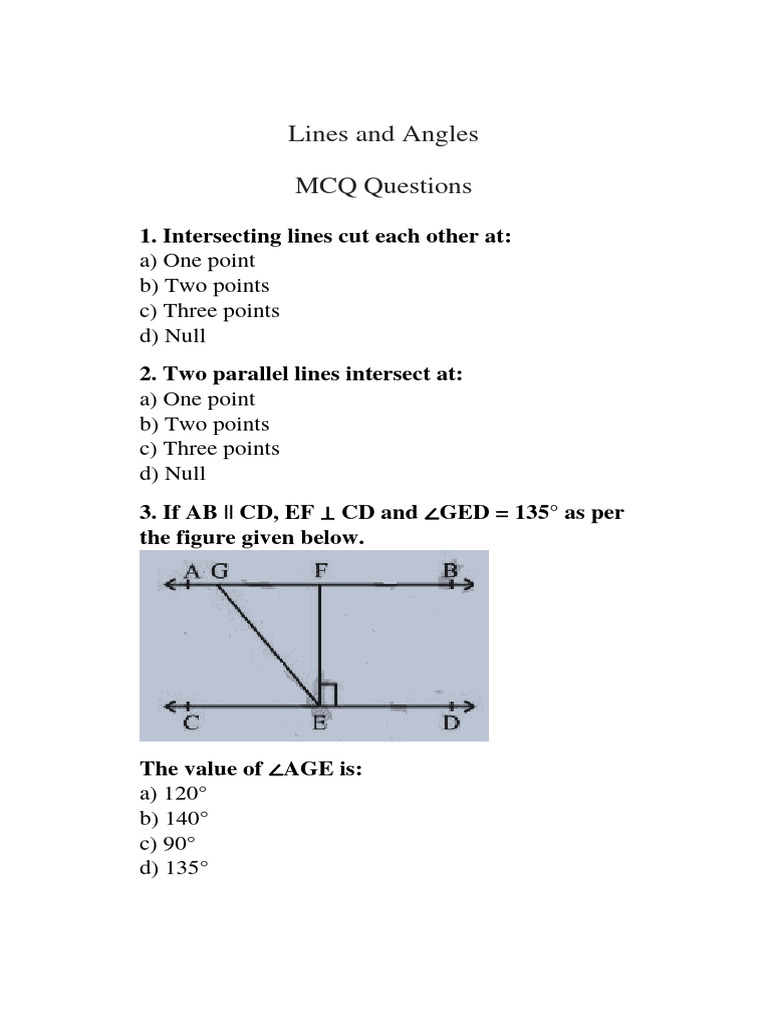 Class 9 Lines and Angles MCQs | PDF | Triangle | Angle