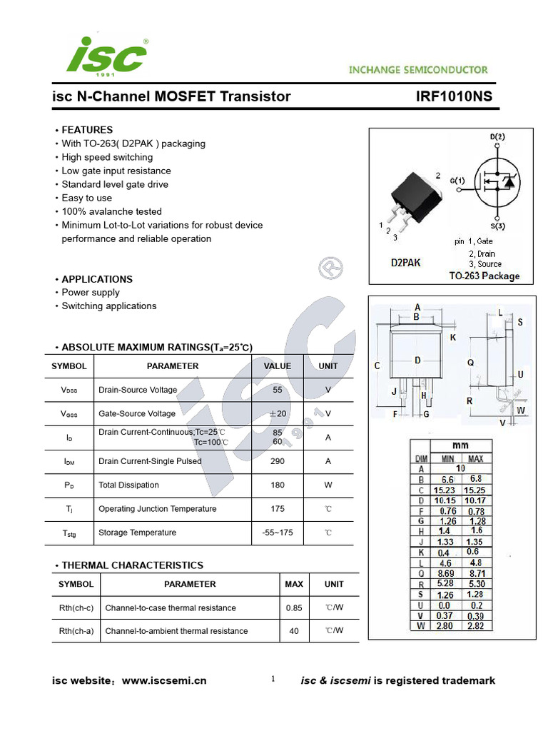 Irf 1010 Ns | PDF | Field Effect Transistor | Mosfet