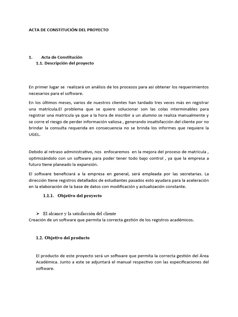 Acta de Constitución del Proyecto de Software | PDF | Software ...