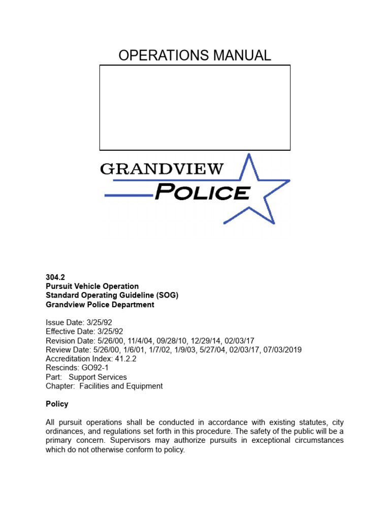 Grandview Police Pursuit Policy Manual | PDF | Traffic | Police