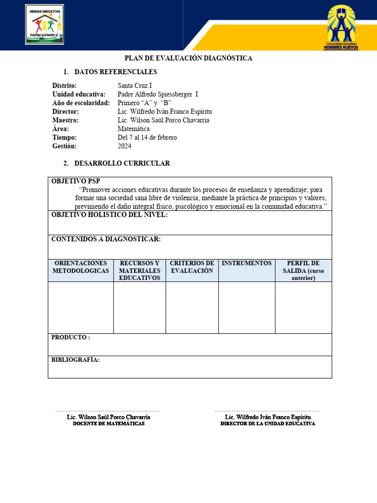 Plan de Evaluación Diagnóstica Formato | PDF | Evaluación | Maestros