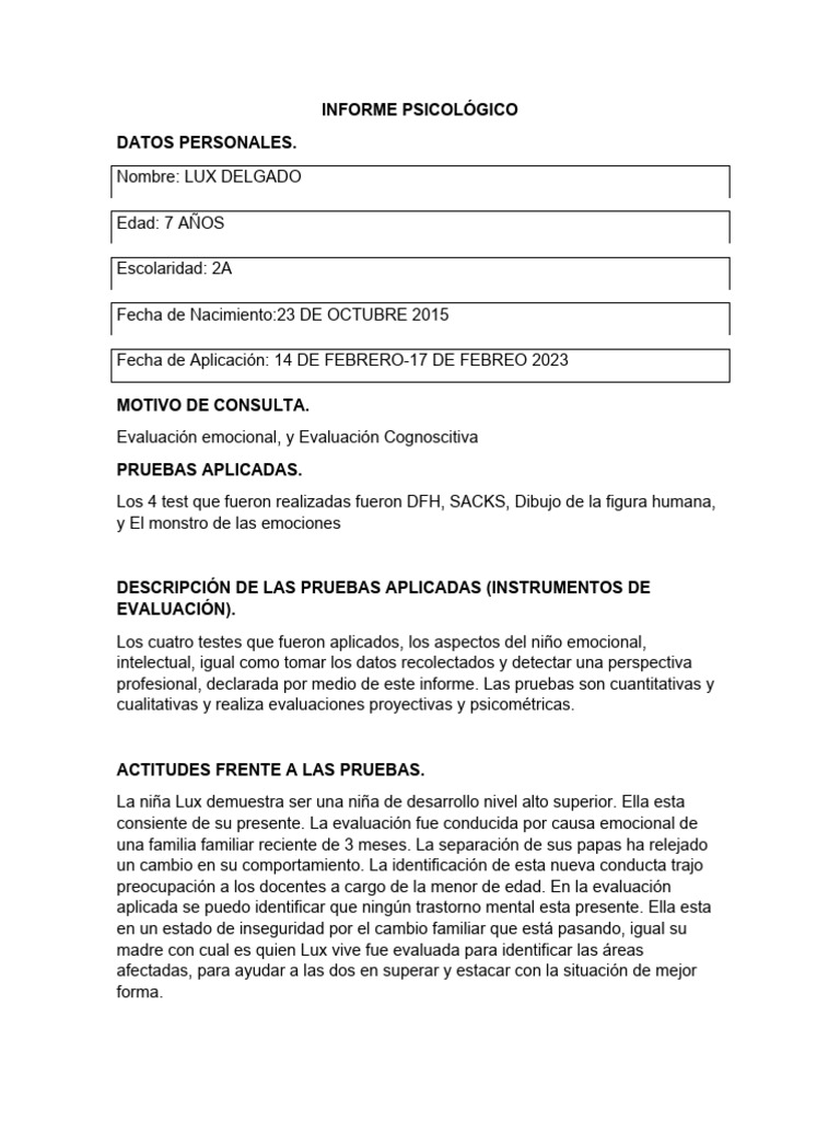 Informe Psicológico de Lux Delgado | PDF | Las emociones | Evaluación