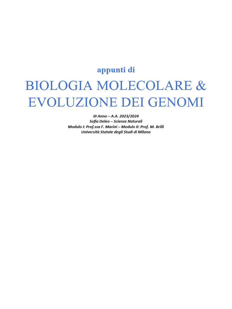 Appunti Biologia Molecolare e Evoluzione Dei Genomi | PDF