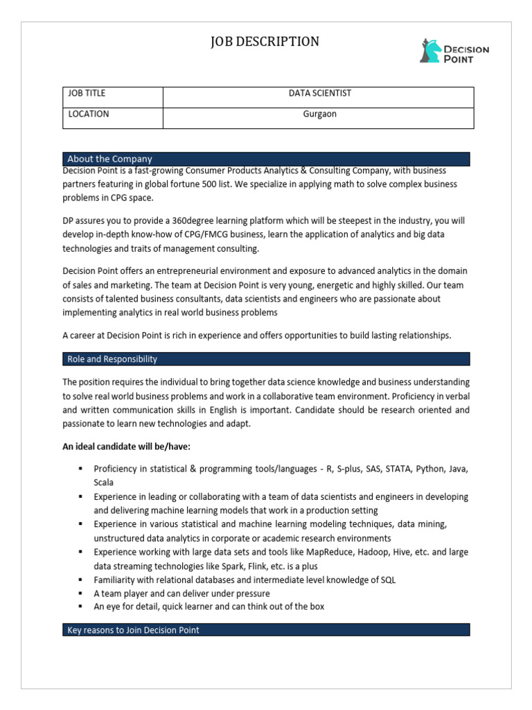 Data Scientist Role at Decision Point | PDF | Analytics | Data Science