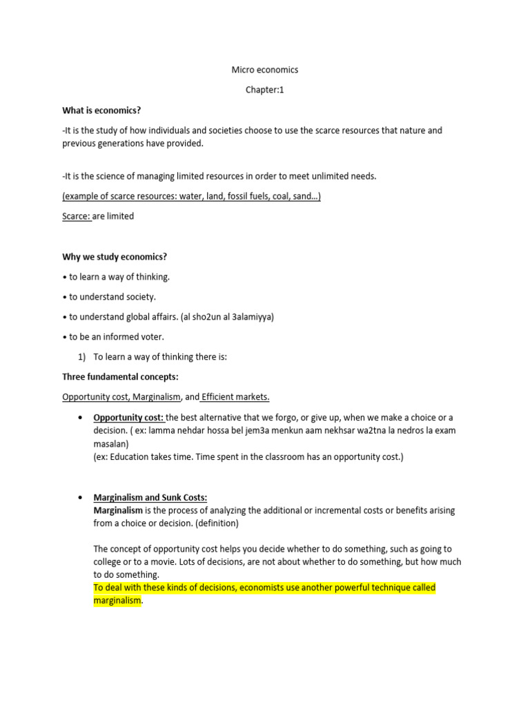 Micro Economics Chapter 1 Notess | PDF | Economics | Opportunity Cost
