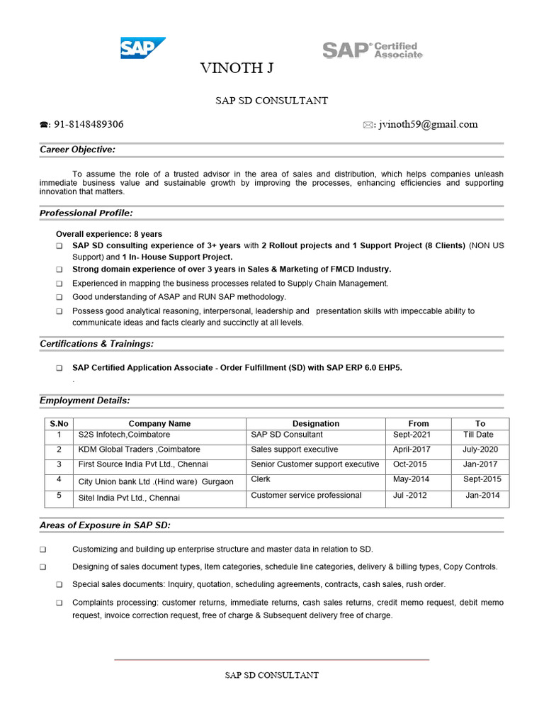 SAP SD Vinoth Resume Download Free PDF Sales Marketing