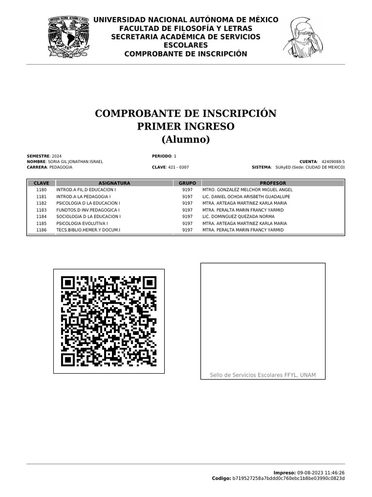 Comprobante de Inscripción UNAM 2024 | PDF