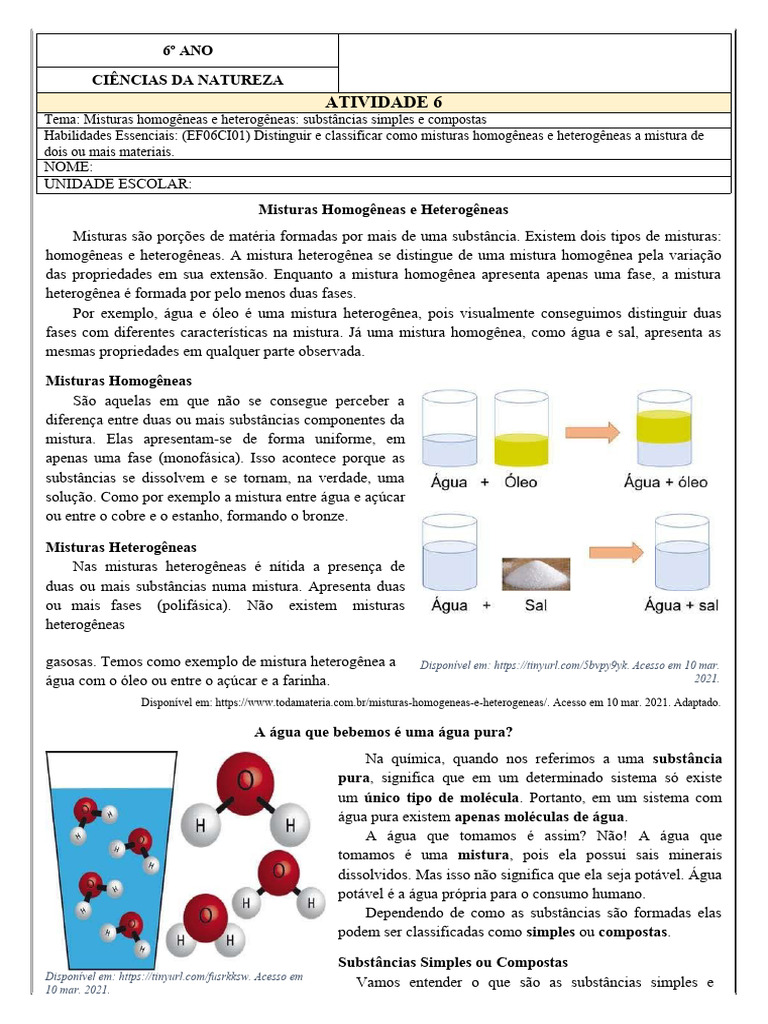 Atividades sobre Misturas 6º Ano | PDF | Mistura | Substancias químicas