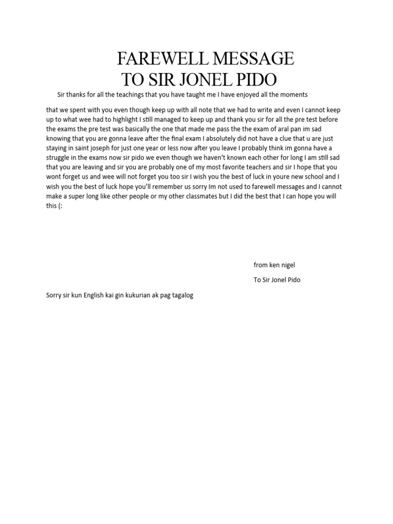 FAREWELL MESSAGE para Kan Sir Pido | PDF | Language Arts & Discipline ...