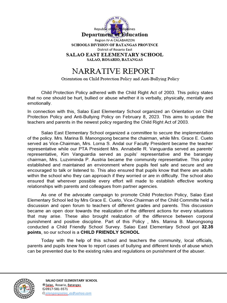 Child Protection Policy Orientation Report | PDF | Bullying | Child ...