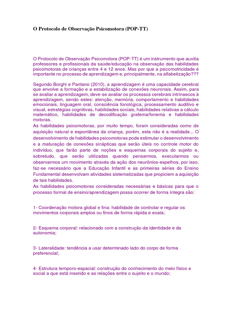 Protocolo POP-TT de Observação Psicomotora | PDF | Aprendizado ...