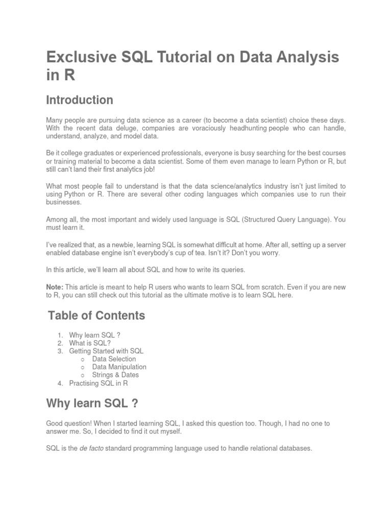 Sql tutorial on data analysis in r pdf sql databases