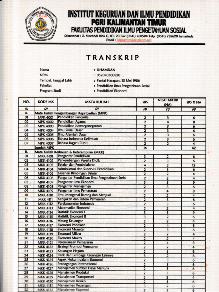Transkrip Nilai | PDF