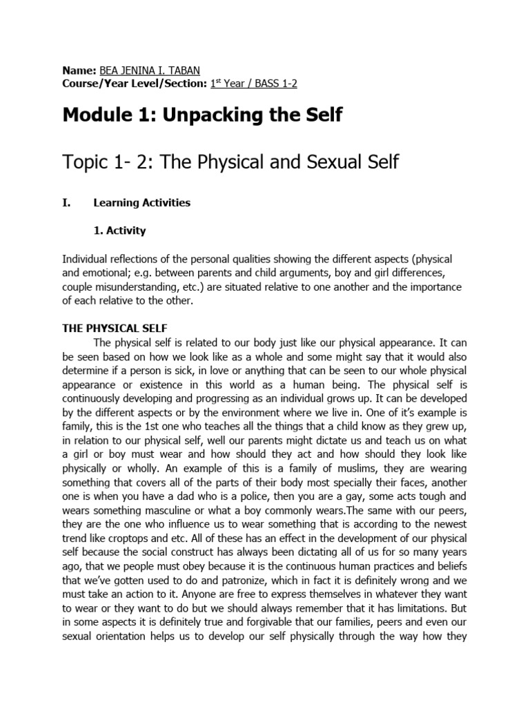 Ass. in Psych 1100 Unpacking The Self (Physical and Social) | Download ...