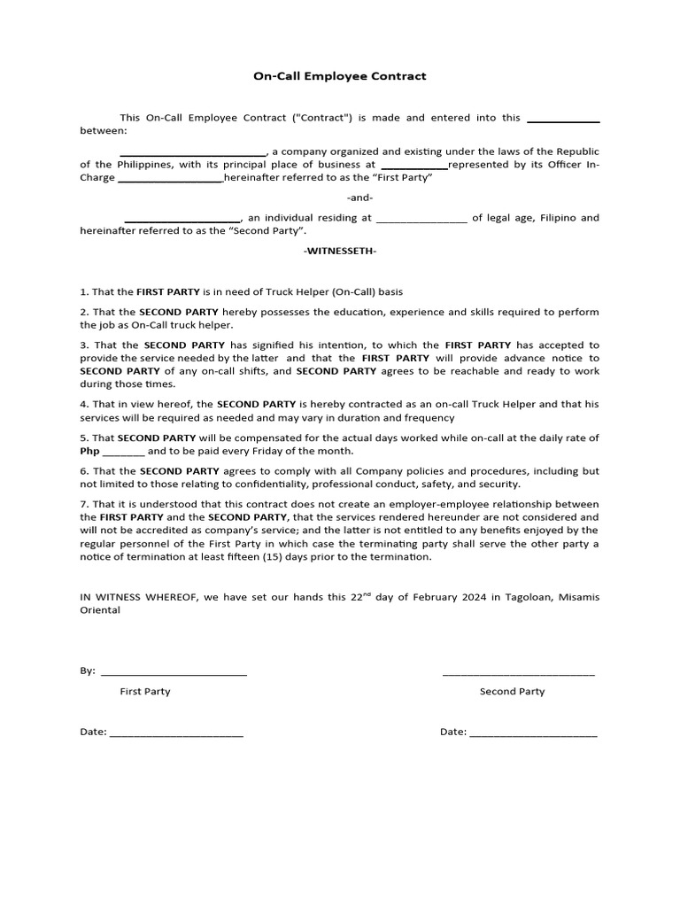 On-Call Employee Contract Template | PDF | Business | Civil Law (Legal ...