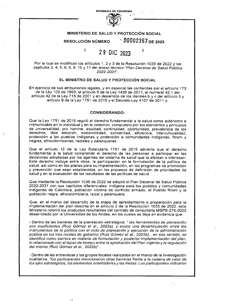PDSP 2022-2031 (2023 Modificado) - Resolución 2367 de 2023 | PDF ...