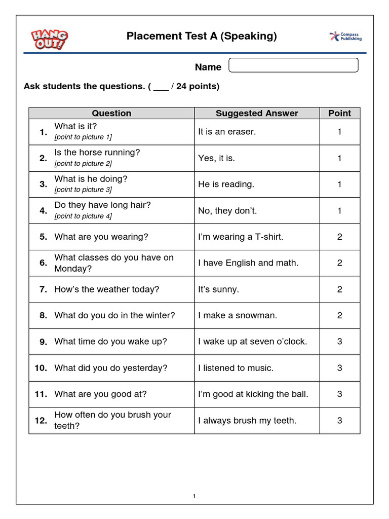 Speaking Placement Test A | PDF