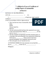 FORM NO. 7. Affidavit of Loss of Certificate of Ownership Papers of Automobile