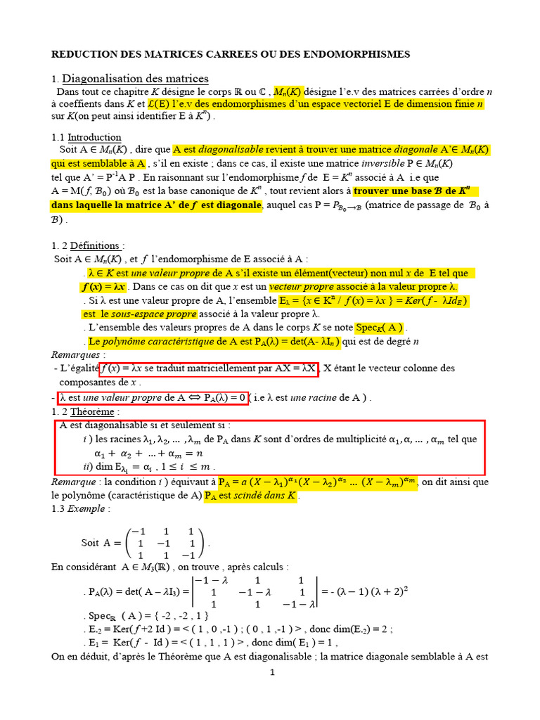 Réduction et Diagonalisation de Matrices | PDF | Valeur propre, vecteur ...