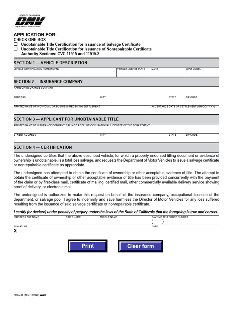 Salvage Certificate Application (REG 492) | PDF | Mail | Written ...