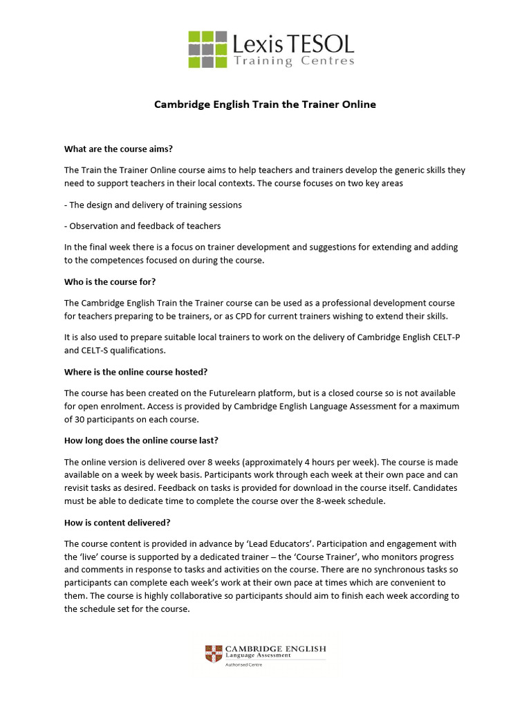 Cambridge English Train the Trainer Course | PDF | Educational ...