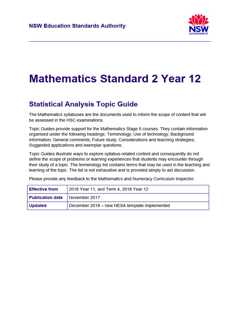 Mathematics Standard 2 Year 12 Topic Guide Statistical Analysis | PDF ...