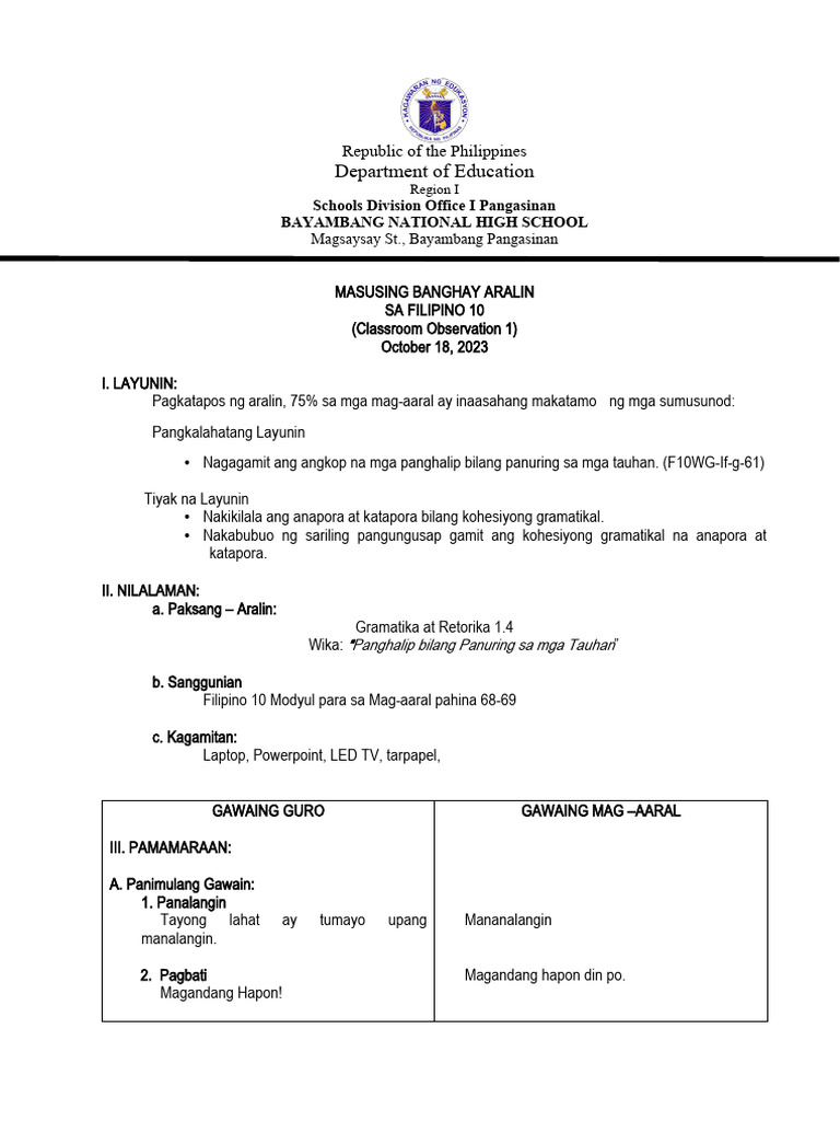 Banghay aralin sa kohesyong gramatikal pdf