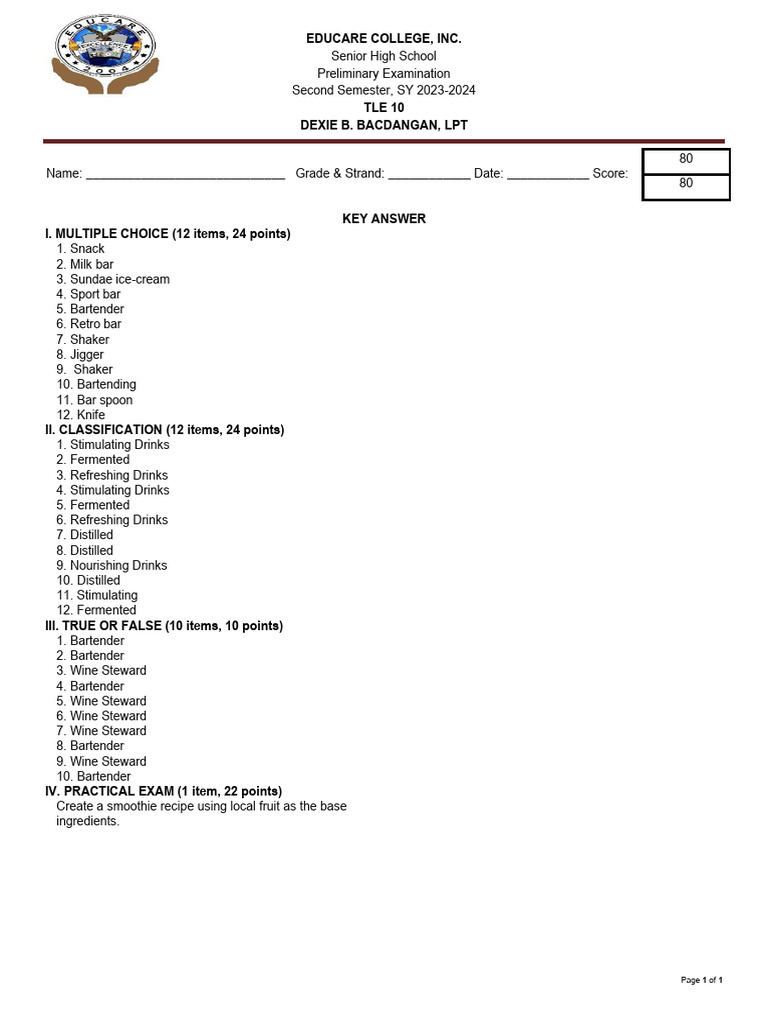 Grade 10 - Key Answer | PDF