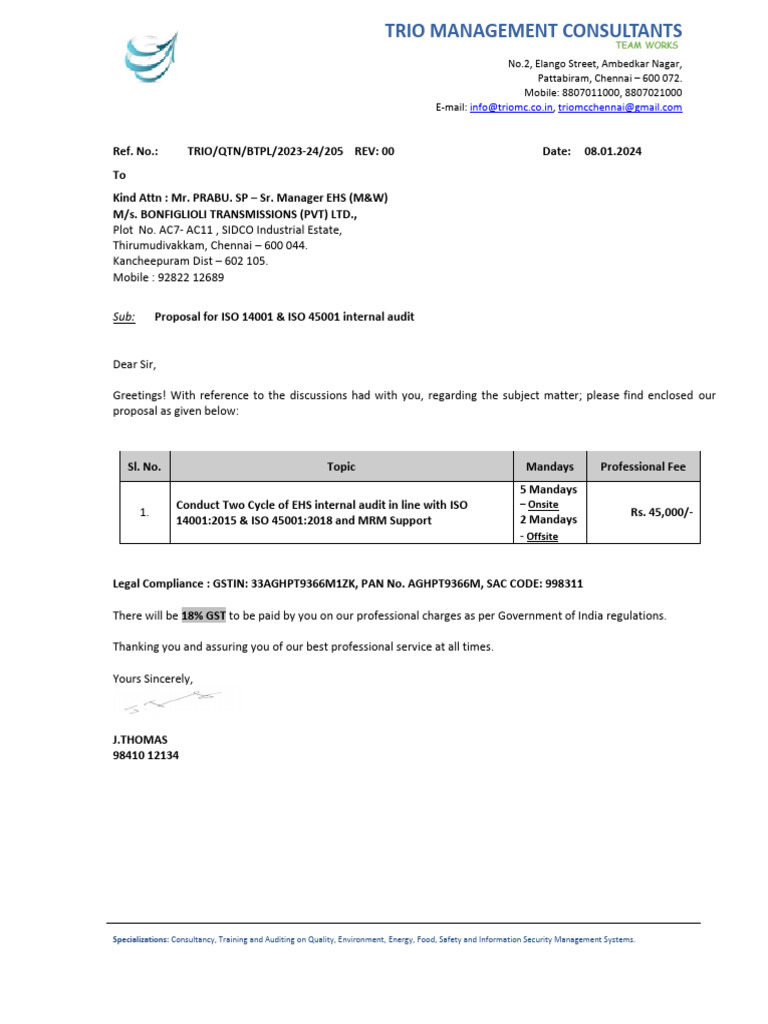 Bonfiglioli Transmissions Thirumudivakkam 205 Proposal EHS Internal Audit Support 08.