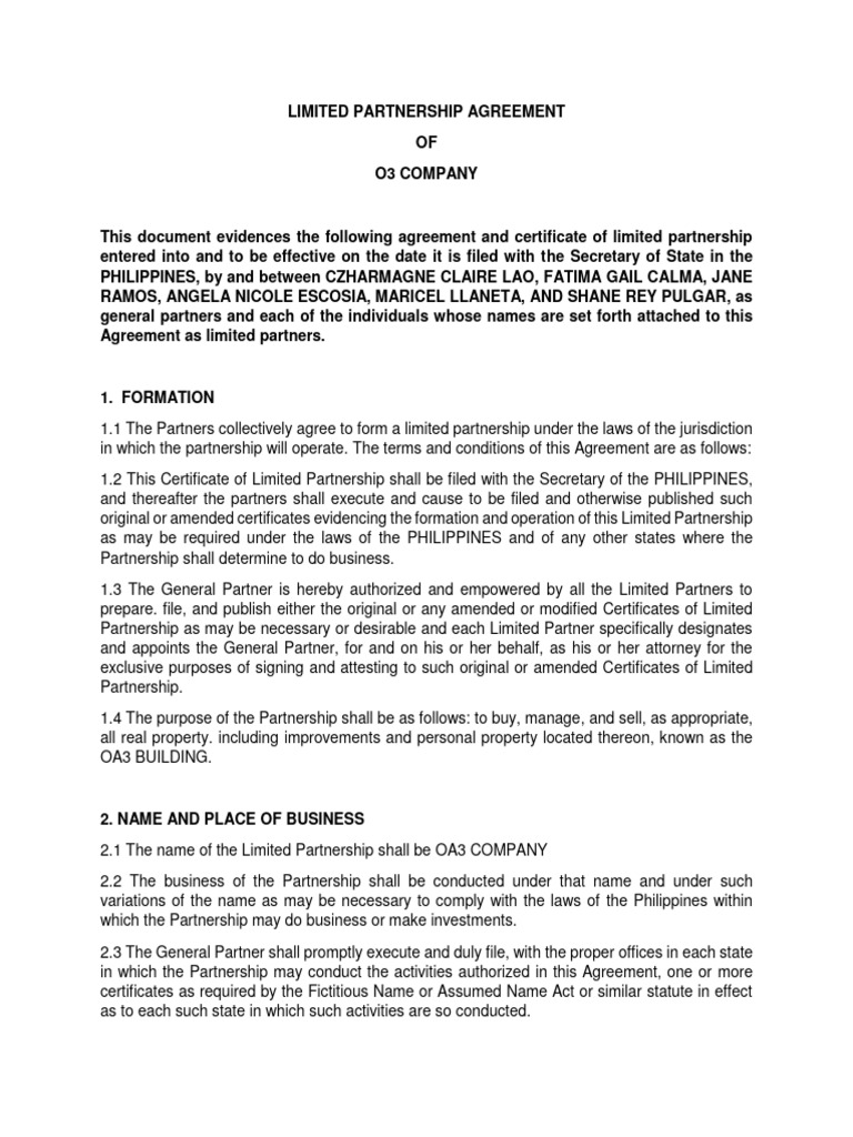 Limited Partnership Agreement for OA3 Company | PDF | Partnership ...