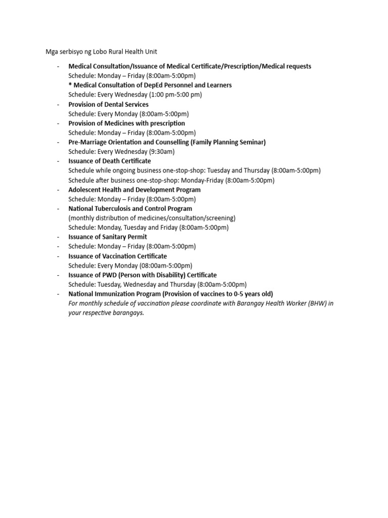 Lobo Rural Health Unit Services Schedule | PDF
