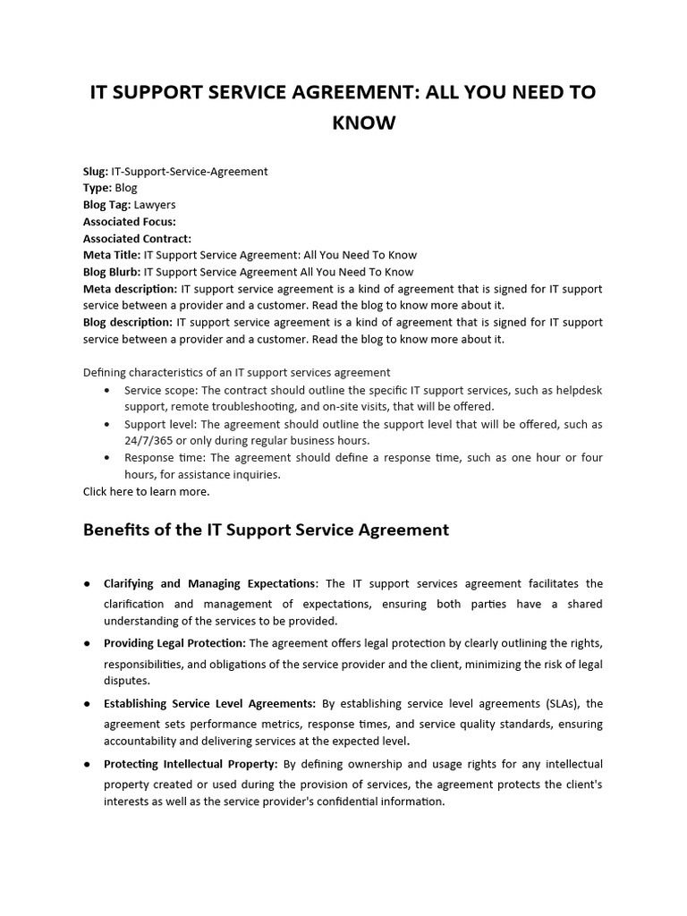 It Support Service Agreement PDF Indemnity Service Level Agreement