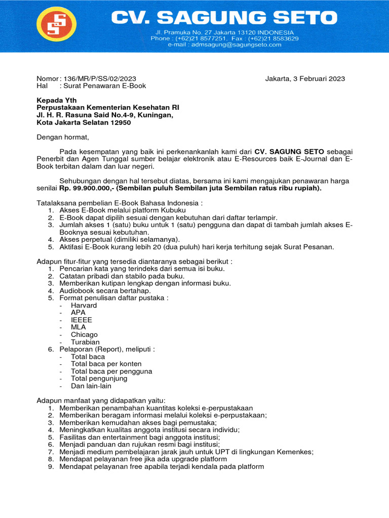 Surat Penawaran Ebook - Kementerian Kesehatan RI 03022023 | PDF