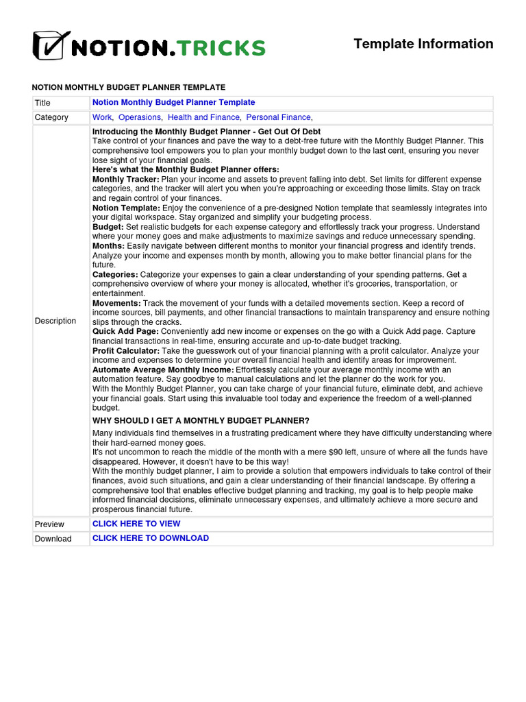Notion Template Notion Monthly Budget Planner Template PDF Budget