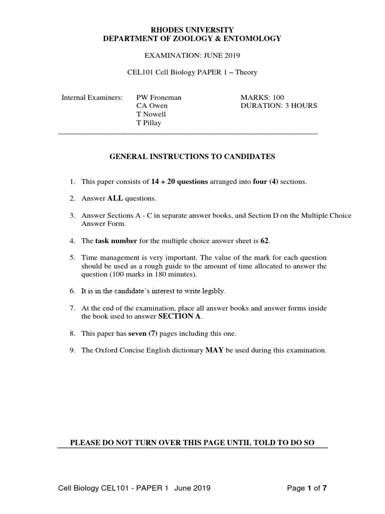 Cell Biology Exam Paper CEL101 2019 | PDF | Adenosine Triphosphate ...
