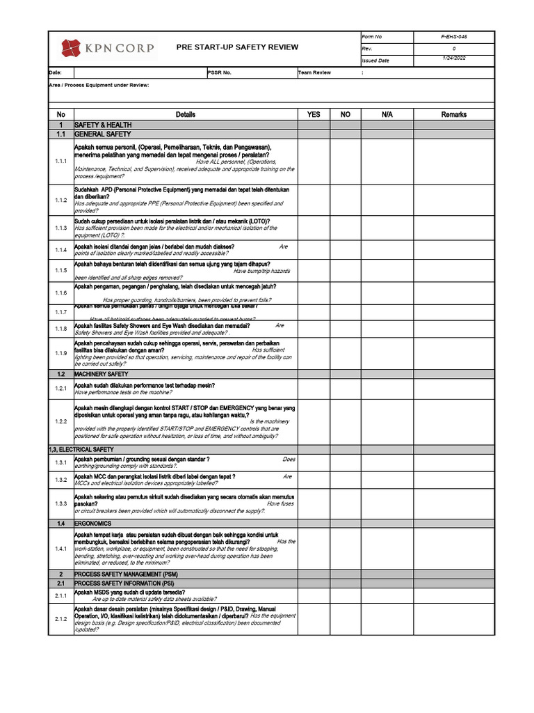F-Ehs-045 PSSR | PDF | Personal Protective Equipment | Safety