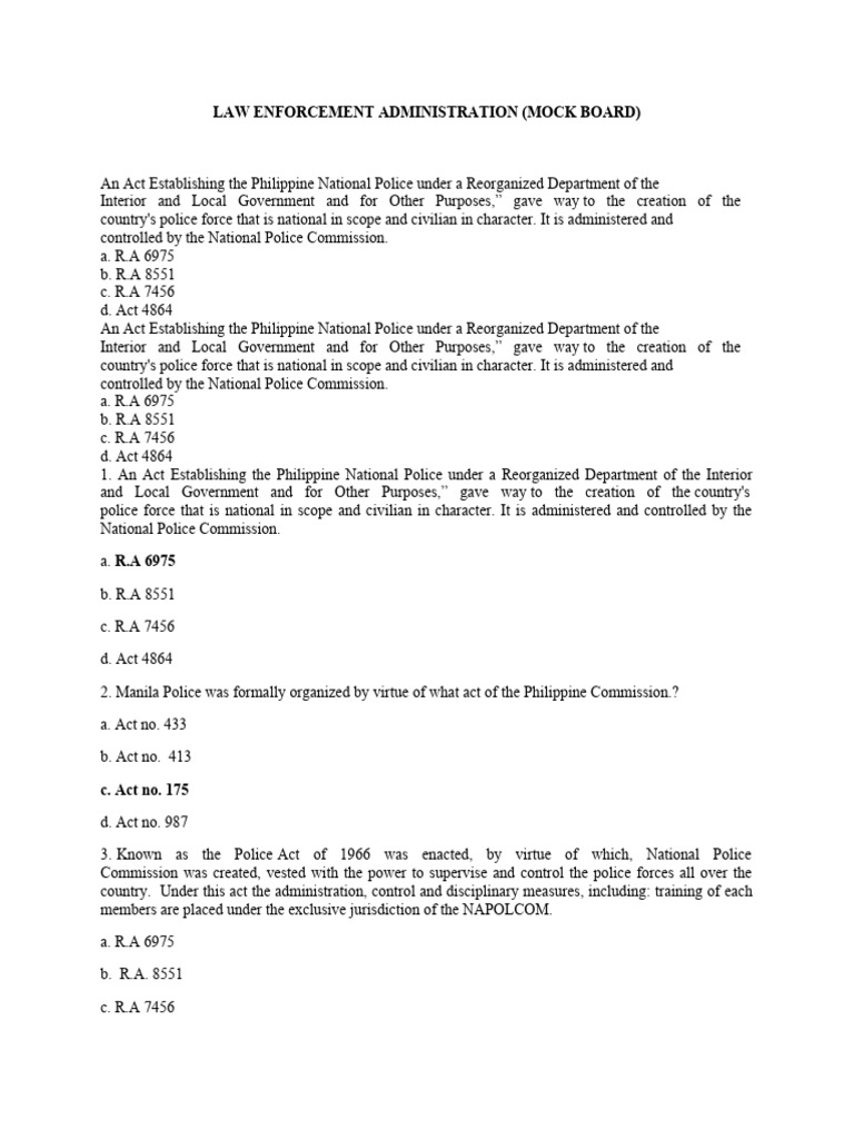 LAW ENFORCEMENT ADMINISTRATION Mock Board | PDF | Police | Police Officer