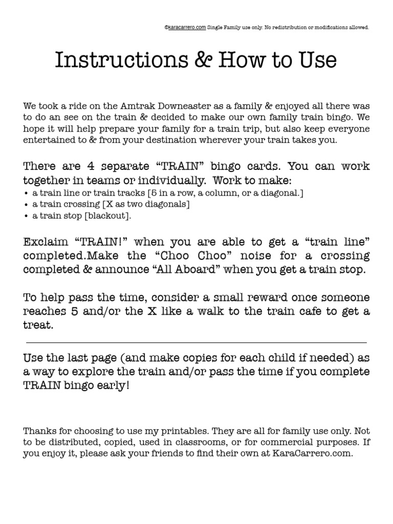 TRAIN Games Bingo GAME PDF