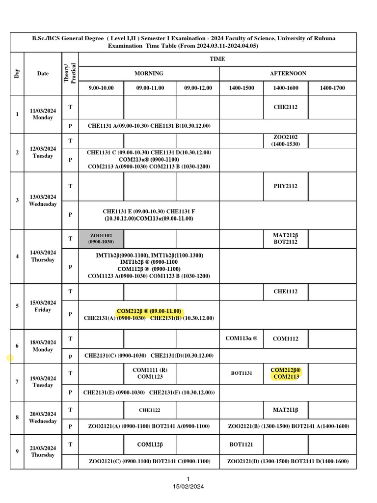 240215090612 Exam Timetable Level 01 02 Semester I 2024 Pdf