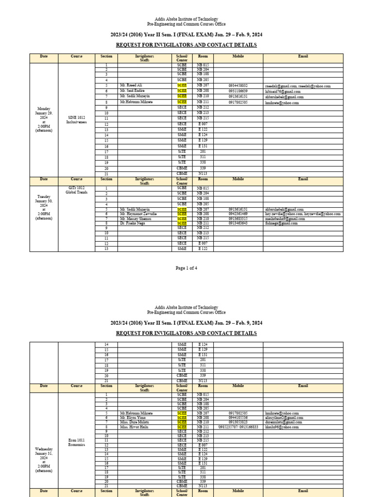 Exam Invigilator Schedule | PDF