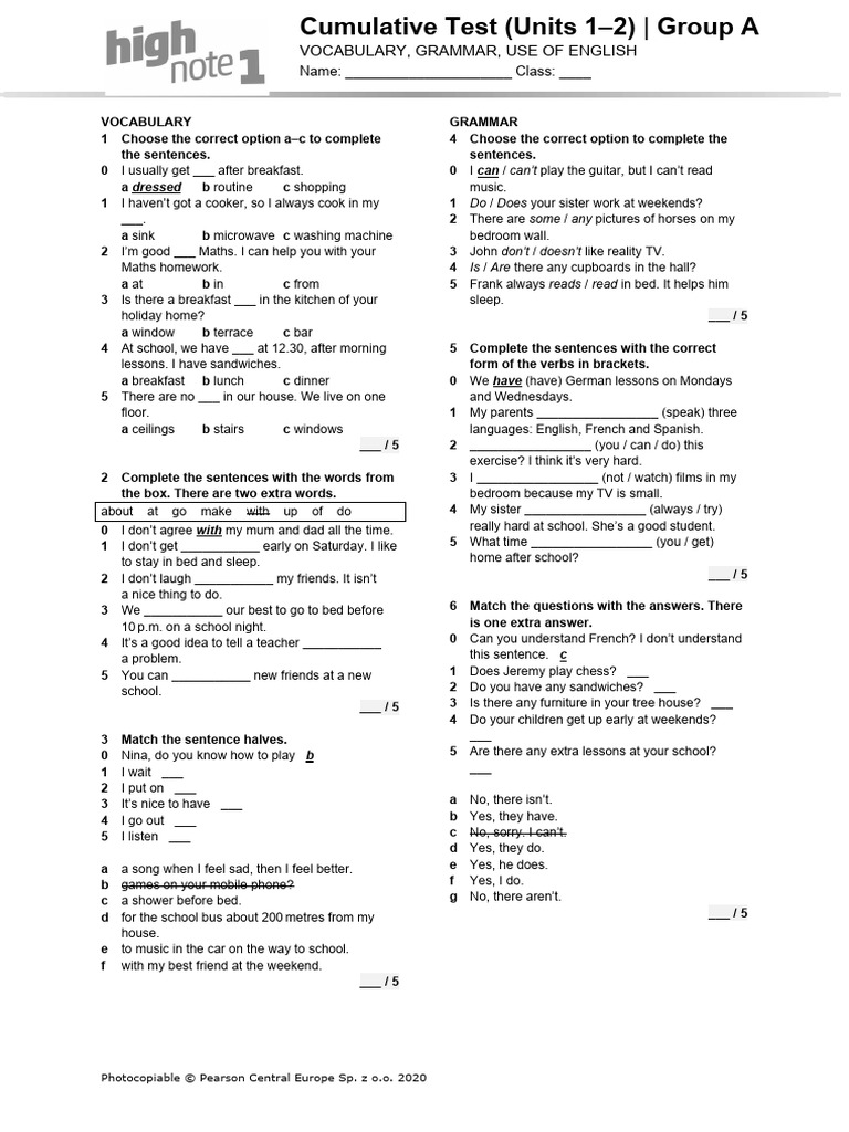 HighNote1 U1-2 Cumulative Test A | PDF