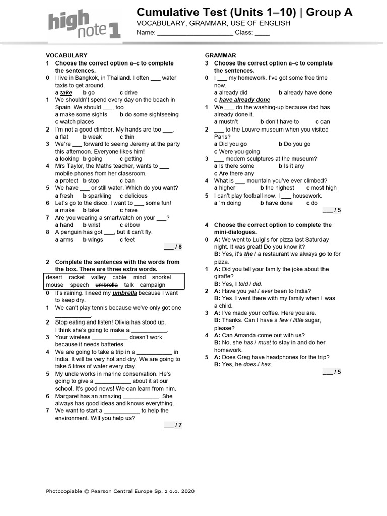 Cumulative Test for English Units 1-10 | PDF