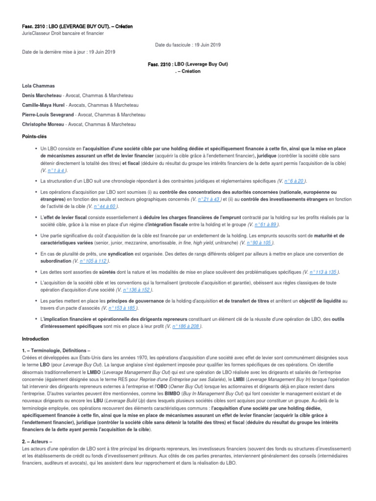 LBO : Guide de Création et Acteurs | PDF | Achat à effet de levier ...