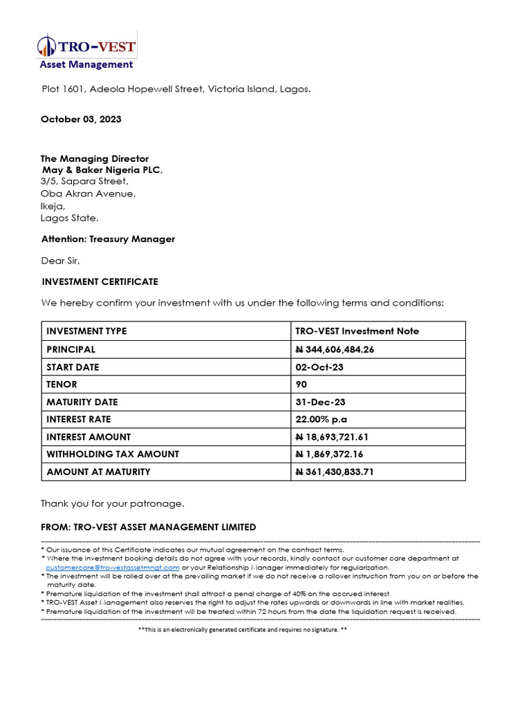 Investment Certificate n344,606,484.26 (May & Baker Nigeria PLC