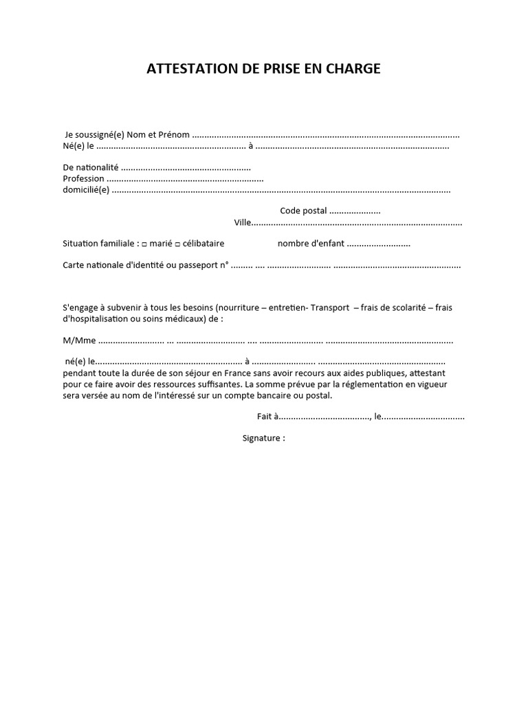 Attestation de Prise en Charge Familiale | PDF | Gouvernement et identité